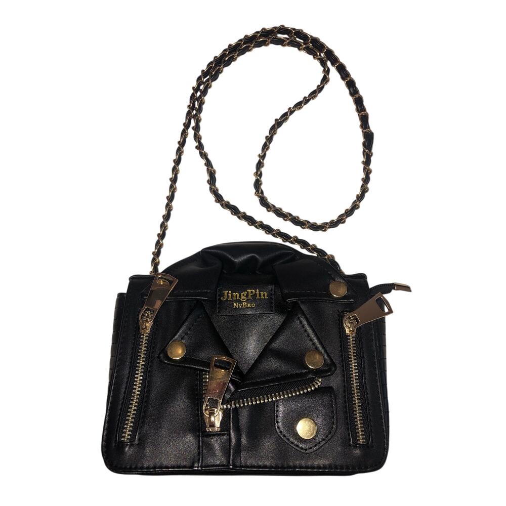 JingPin NvBao Moto Jacket Bag Black Faux Leather Chain Strap Crossbody Gold